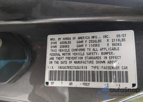 2007 Acura Tl Type S z USA, uszkodzony, nr VIN 19UUA76527A041519